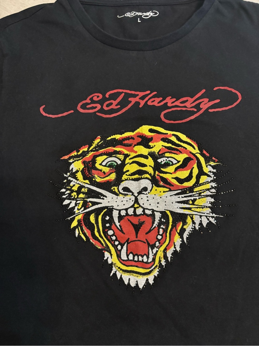 Ed Hardy Rhinestone Tiger Graphic T-Shirt Black Size Large Y2K - Picture 2 of 7